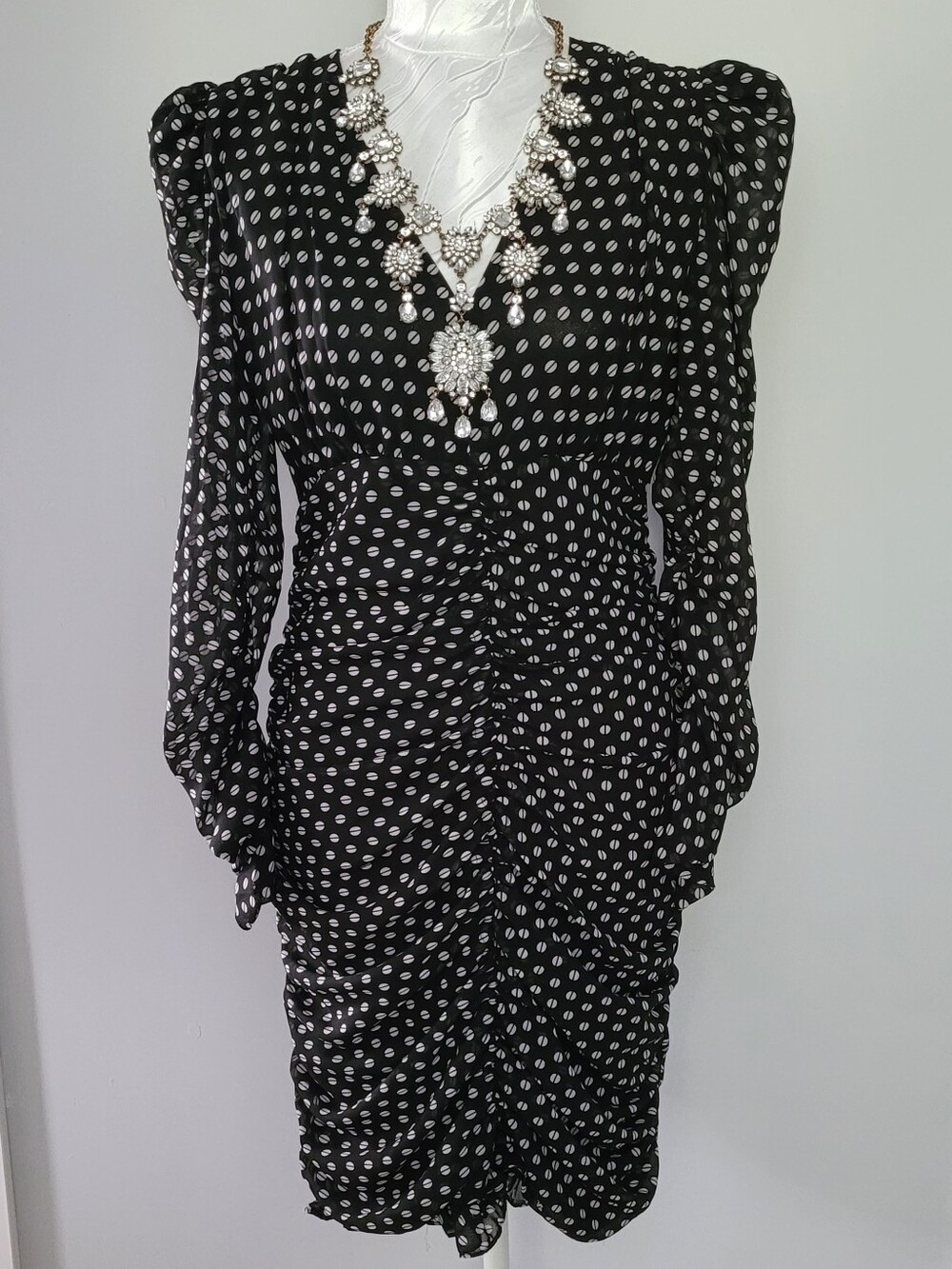 Suzy Shier Black and White Polka Dot Ruched Long Sleeve Midi Dress